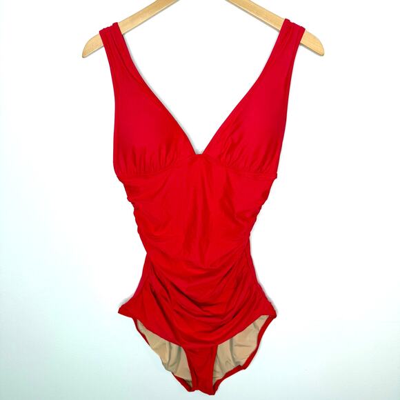 J. Crew Ruched V Neck One Piece Swimsuit In Cerise Red Size 8 Long Torso - Picture 2 of 8